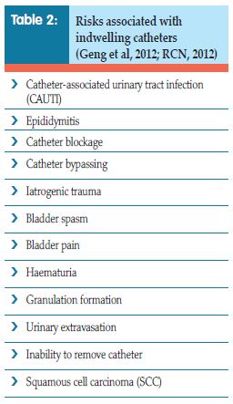 Table 2 - Risks associated with indwelling catheters